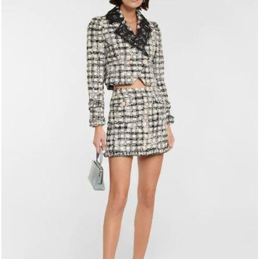 LoveShackFancy Lace Black Plaid Patrick Blazer 2 NEW Cropped Ivory Tweed Jacket - Picture 9 of 9